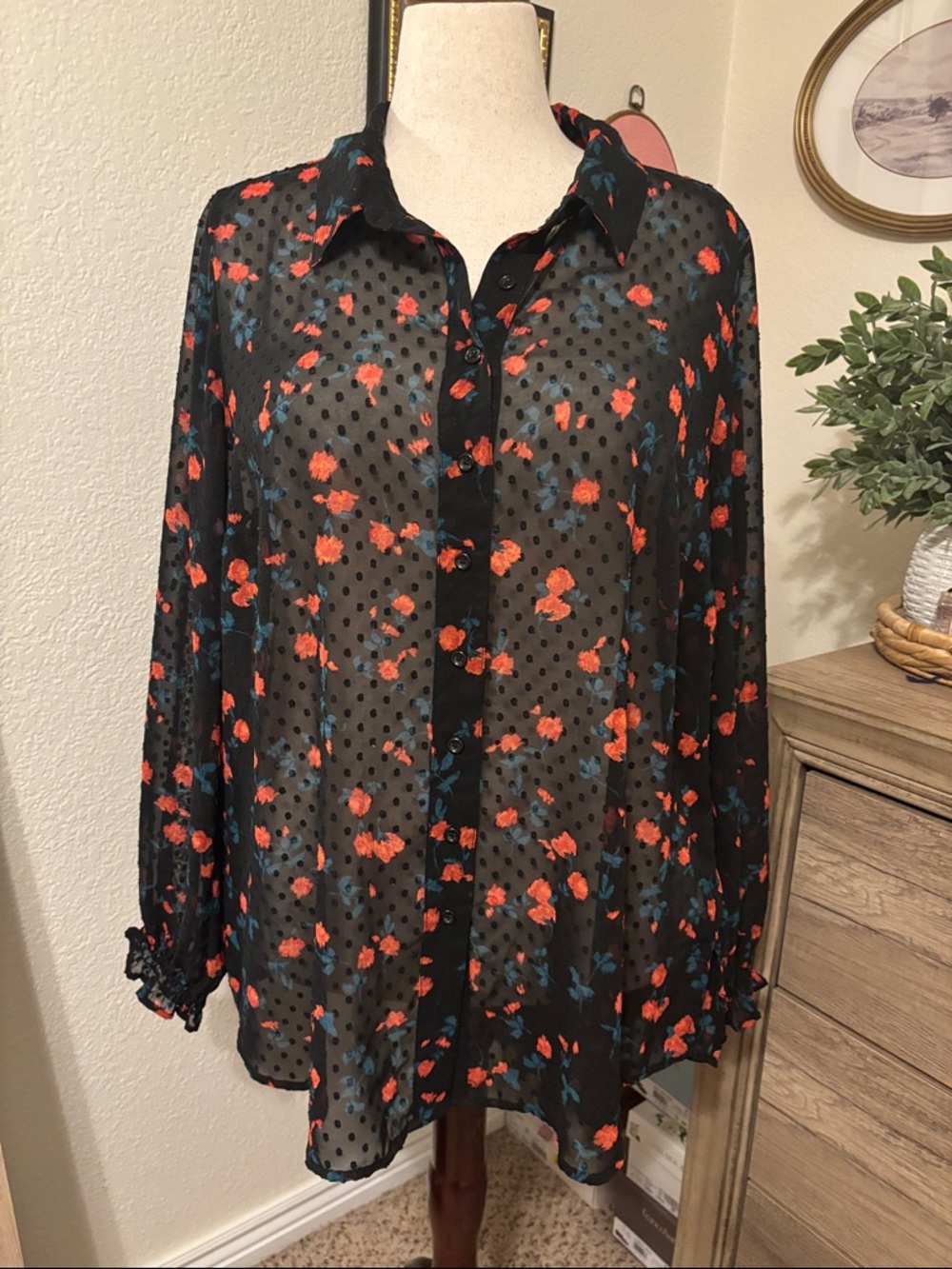 Lane Bryant Sheer Black Floral Button-Up Blouse with Clip Dots-Size 18/20